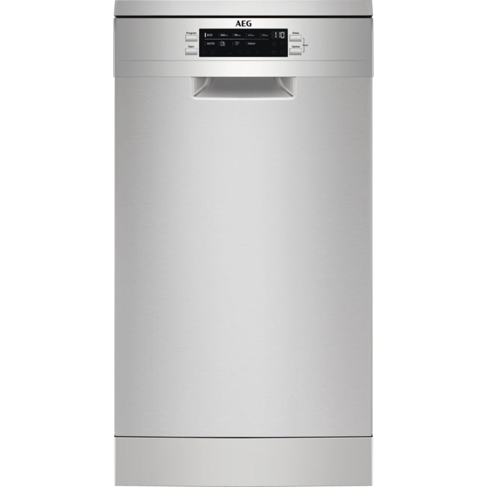 Masina de spalat vase Slim AEG FFB73517ZM, 10 seturi, 9 programe, Clasa D, Motor Inverter, Maxi Flex, AirDry, Pro Clean, Deschidere automata a usii, 45 cm, Inox