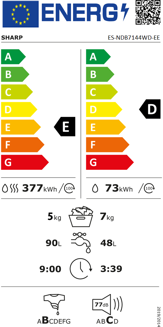 Masina de spalat rufe frontala cu uscator SHARP ES-NDB7144WD-EE, 7/5 kg, 1400rpm, Clasa D, Alb