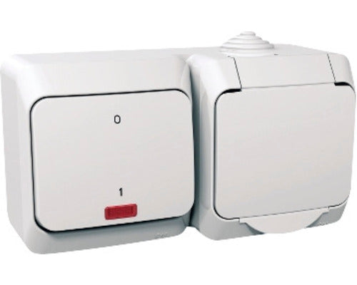 Intrerupator simplu & Priza Schneider Cedar Plus WDE000503, IP44 alb, cu lumina, montaj aplicat orizontal