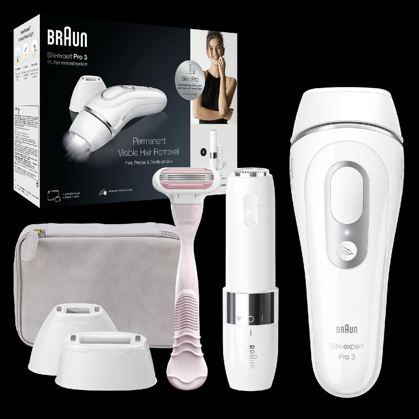 Epilator IPL Braun Silk-expert PRO 3 PL3139 Senzor automat & continuu Skin pro, 300.000 impulsuri, 3 niveluri de intensitate, 100 de impulsuri pe minut, cap de precizie, Trusa de voiaj, Aparat de ras Venus, Mini epilator facial, Alb