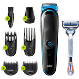 Braun MGK3242 Multifunctional 7 in 1 pentru ingrijirea parului si a parului corporal, 13 setari de lungime, timp de functionare 80 de minute, negru/albastru, cadou cu aparat de ras Gillette