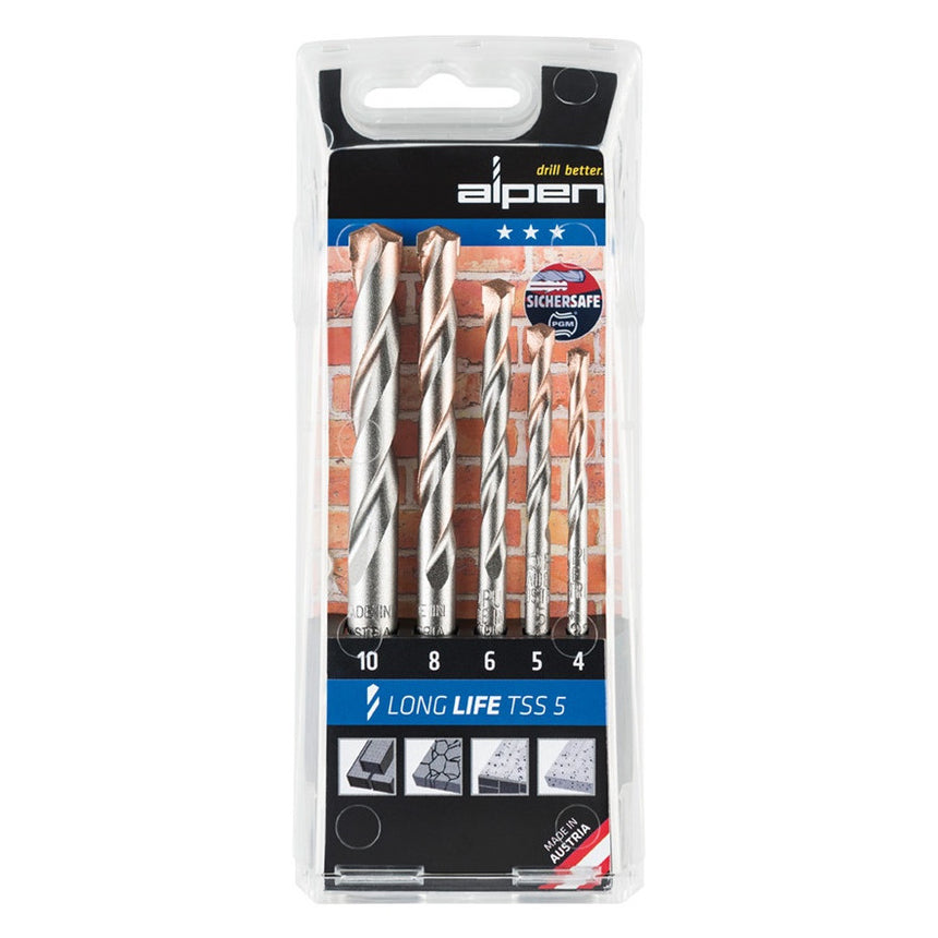 Set 5 burghie pentru beton Long Life TSS, Alpen, Otel, 4-10 mm, Argintiu