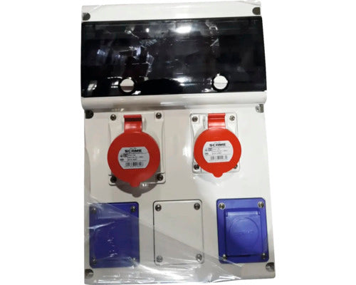 Tablou organizare electrica santier cablat Scame B5 632.RO0118, 5 module, montaj aparent, cu 2 prize trifazice 16A/32A si 2 prize simple cu impamantare, IP44