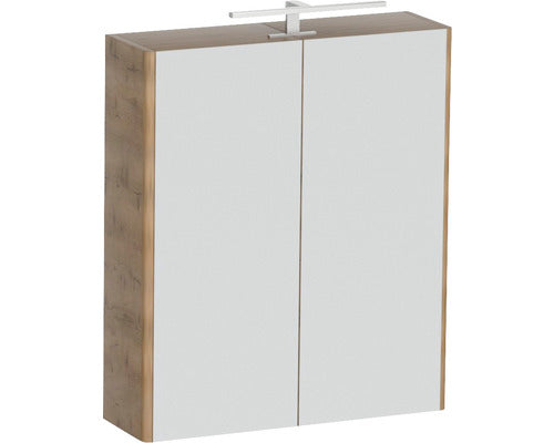 Dulap baie cu oglinda Cubo si iluminare LED, 2 usi, PAL, 70x65 cm decor Stejar