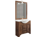 Set Mobilier Baie din Lemn, Michela 85, Include Baza Lavoar, Lavoar Ceramic si Oglinda cu Iluminare, Maro