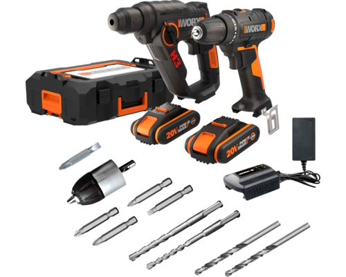 Set Masina De Gaurit & Insurubat Worx Wx101.9 20v Max. 30nm Si Ciocan Rotopercutor Worx Wx390.9, Cu 2 Acumulatori