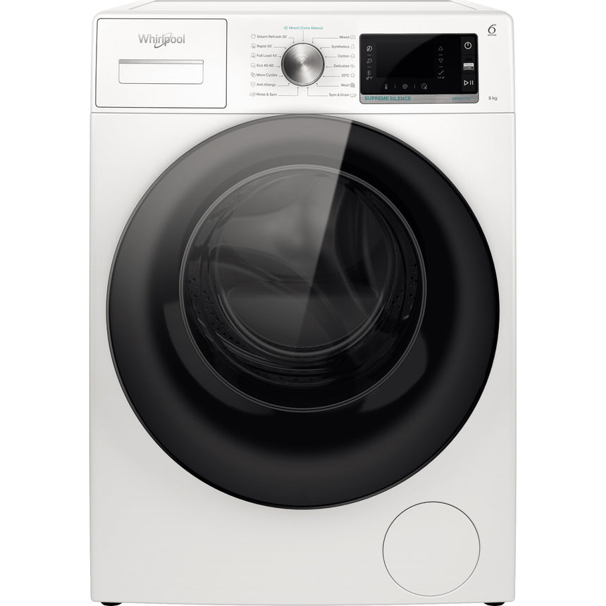 Masina de spalat rufe Whirlpool Supreme Silence W6W945WBEE, 9 kg, 1400 rpm, Clasa B, Al 6-lea Simt, Motor Zen Direct Drive, FreshCare+, Steam Refresh, Steam Hygiene, Display LCD, Alb