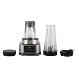 Blender 2in1 Ninja Foodi Power Nutri CB100, 1100W, 0.7L/0.4L, 4 programe Auto-IQ, tehnologie Smart Torque, 2 setari manuale, functie zdrobire gheata, 1 recipient To Go, 2 recipiente Tritan cu capace, lame Hybrid Edge, design compact, negru/inox