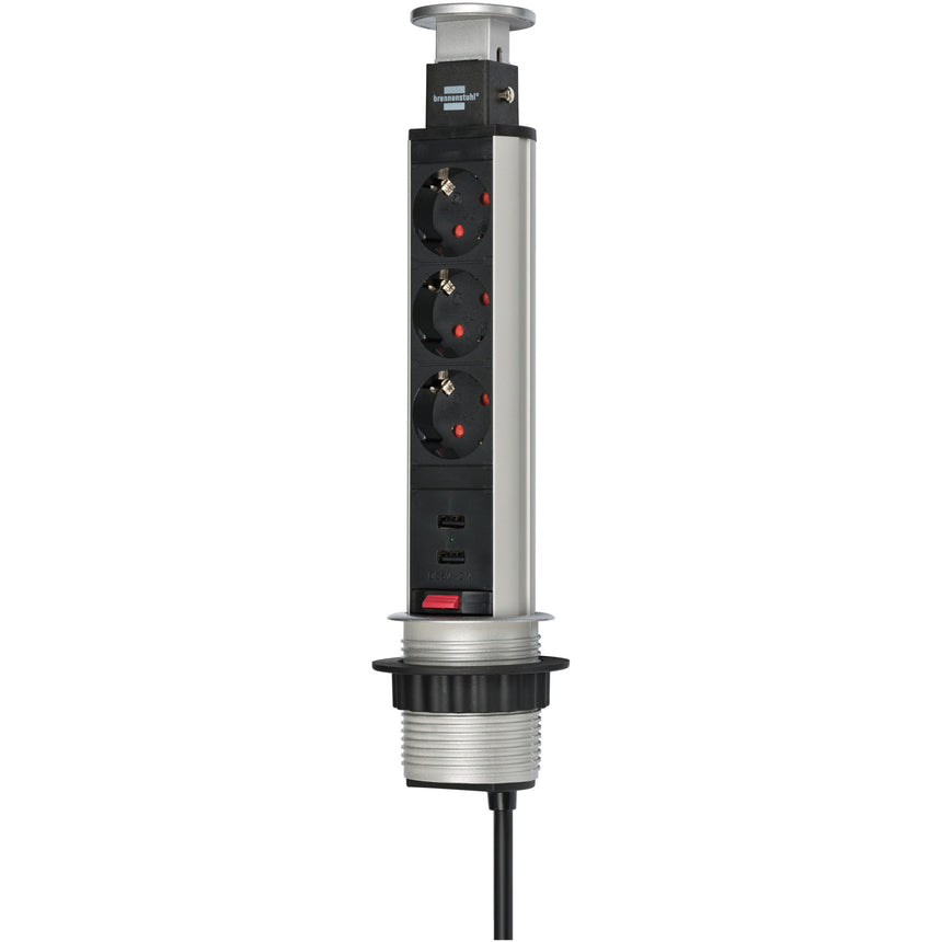 Multipriza incorporabila Brennenstuhl Power Tower 3er, retractabil pentru blat de bucatarie sau birou, 3 prize, 2xUSB 2.1A, H05VV-F 3G1.5, cablu 2m