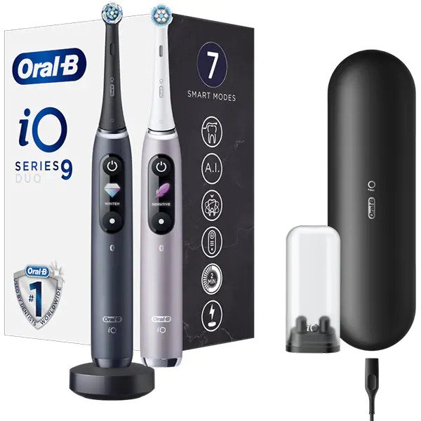 Set 2 x Periuta de dinti electrica Oral-B iO9 cu Tehnologie Magnetica si Micro-Vibratii, Inteligenta artificiala, Display led, Senzor de presiune Smart, Timer vizibil, 7 moduri, 1 incarcator magnetic, 1 Trusa de calatorie cu incarcator, Negru/Roz