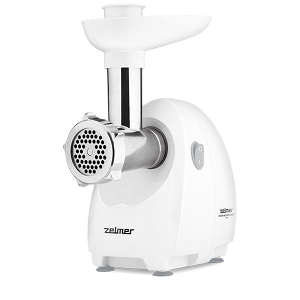 Masina de tocat carne Zelmer ZMM4080, putere maxima 1900 W, capacitate 2,5 kg, 3 site ( 2,7 mm, 4 mm ,8 mm ) cutit 2 fatete, accesoriu carnati, alb