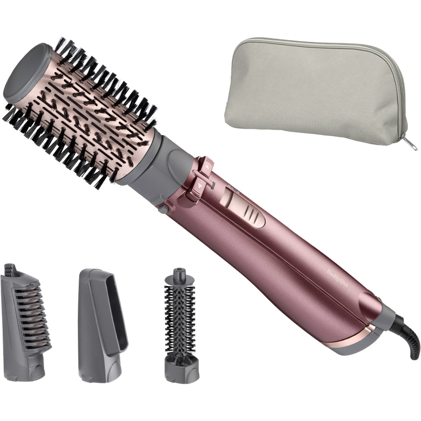 Perie rotativa BaByliss AS960E, 1000W, Ionizare, 4 Accesorii, 2 Setari temperatura/viteza, Cool-Shot, geanta depozitare, Roz-Gri