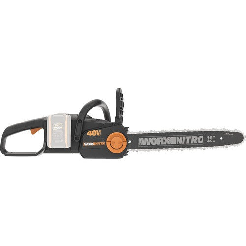 Drujba (fierastrau electric) cu lant pe acumulator WORX WG385E.9, 40 V (2x20 V), lungime lama 40 cm, tensionarea automata a lantului, ungere automata lant, motor fara perii, fara acumulator si incarcator in setul de livrare