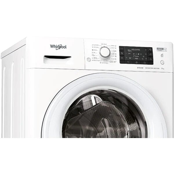 Masina de spalat rufe Slim Whirlpool FWSD81283WVEEN, 8 kg, 1200 rpm, Clasa D, FreshCare+, Steam Refresh, Steam Hygiene, Tehnologia al-6lea Simt, Motor Inverter, Display LCD, Alb