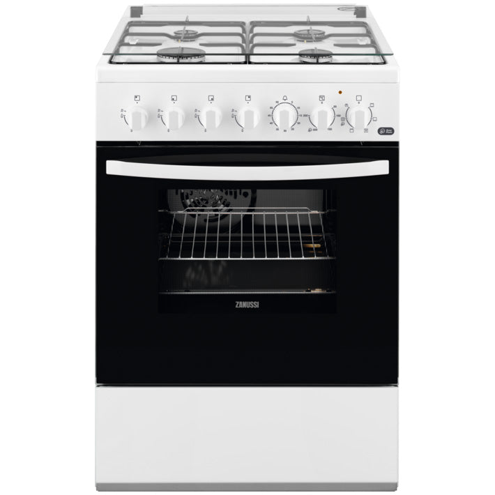 Aragaz Zanussi ZCK67211WA, Mixt, 4 arzatoare, Grill, Cuptor electric, 6 functii, Aprindere electrica, 54 l, 60 cm, Alb