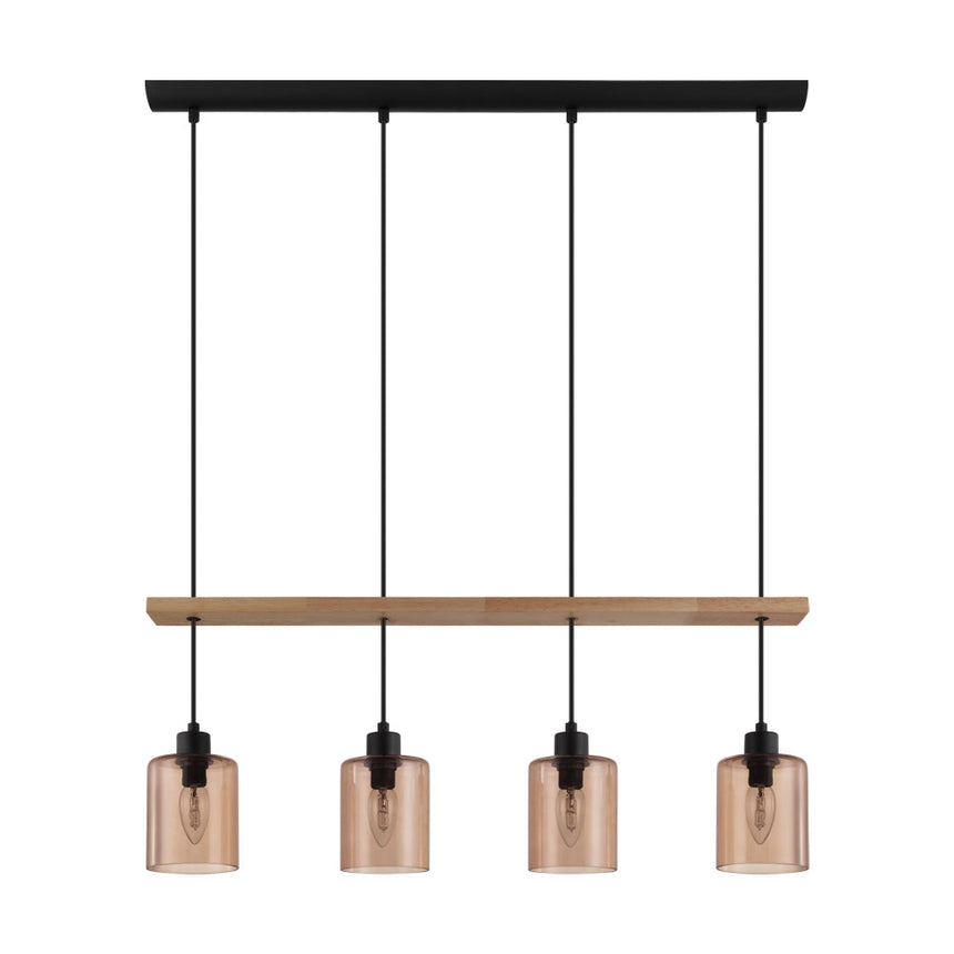 Pendul vintage COOLMONT, EGLO, E14, 4x40W, otel, lemn, sticla, negru, natur, bronz transparent, 110 x 77.5 x 10 cm, inaltime reglabila