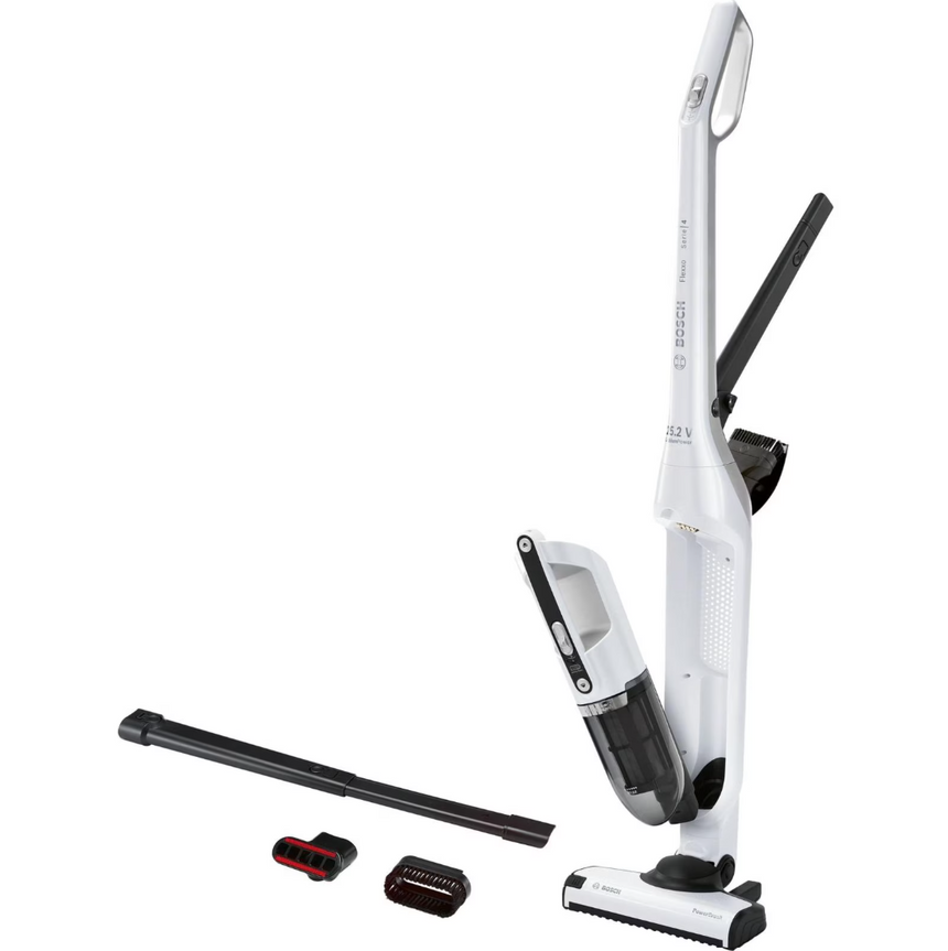 Aspirator Vertical Bosch Flexxo Serie 4 BBH32551, 2 în 1, Acumulator 25.2V, Autonomie 55 min, 0.4 L, Alb
