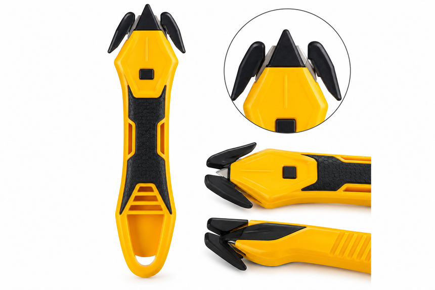 Cutter cu Siguranță pentru Ambalaje și Cutii, Lamă Retractabilă, Mâner Ergonomic Antialunecare, Galben