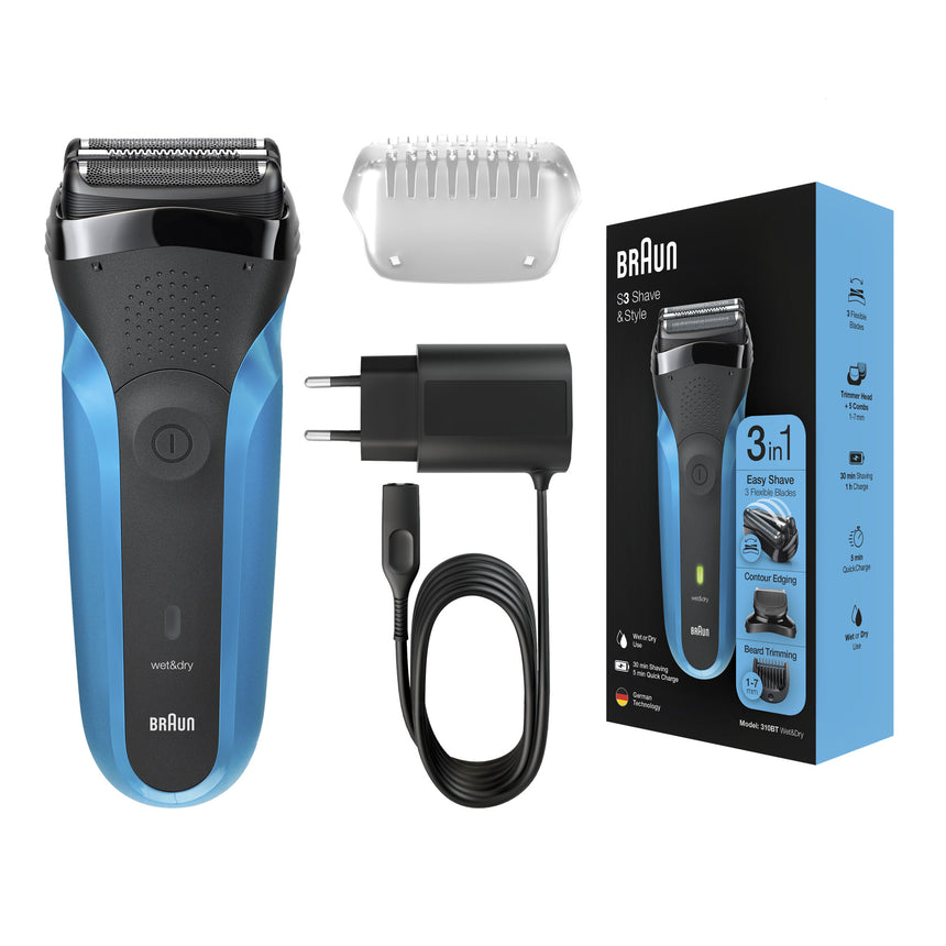 Aparat electric de ras Braun Series 3 310BT, 3 Lame Flexibile, Utilizare umeda/uscata, Proiectat In Germania, Albastru