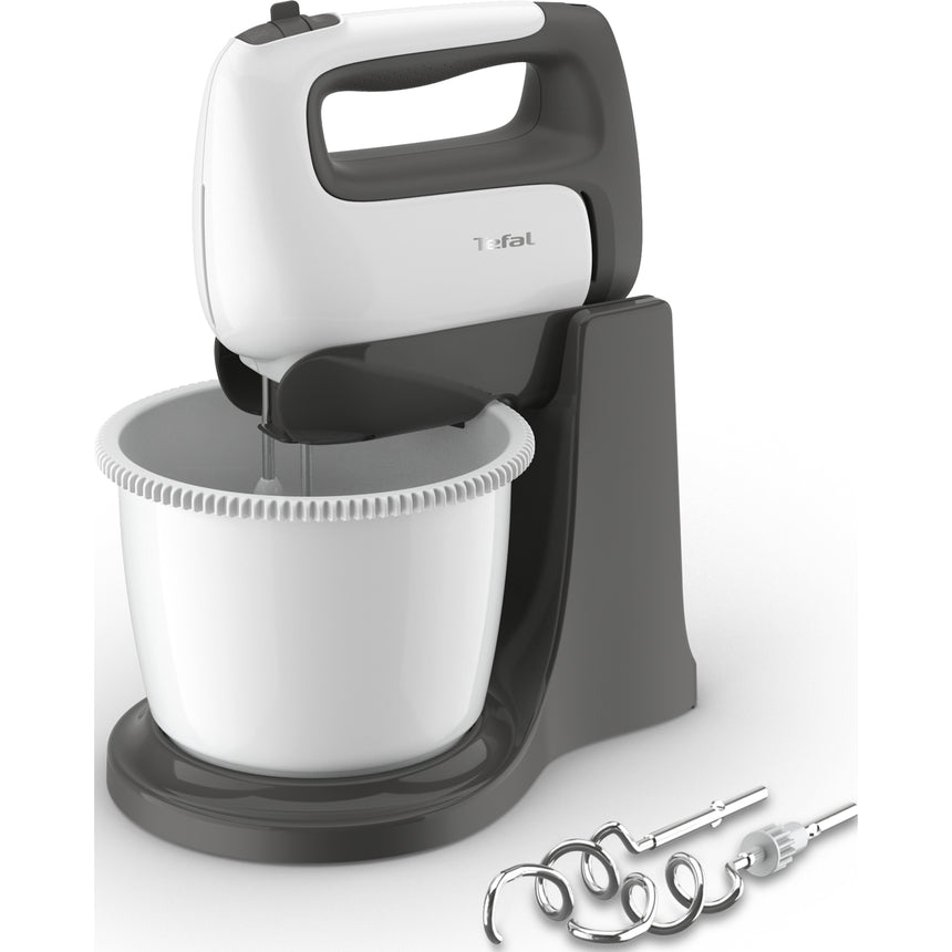 Mixer cu bol Tefal Prep'Mix+ HT464138, 500W, bol 2.5L auto-rotativ, 5 trepte viteza si functie turbo, 2 teluri inox, 2 carlige inox, alb