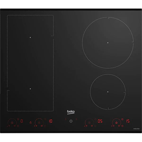 Plita incorporabila Beko HII64822UFT, Inductie, 4 zone de gatit, IndyFlex, Booster, Luminous Touch Control, 15 trepte putere, Wipe Guard, Timer, 60 cm, Negru