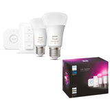 Pachet kit baza 2 becuri LED RGB Philips Hue, Bluetooth, Zigbee, A60, E27, 9W (75W), 806 lm, lumina alba si colorata + Consola Hue Bridge + Intrerupator, clasa energetica F