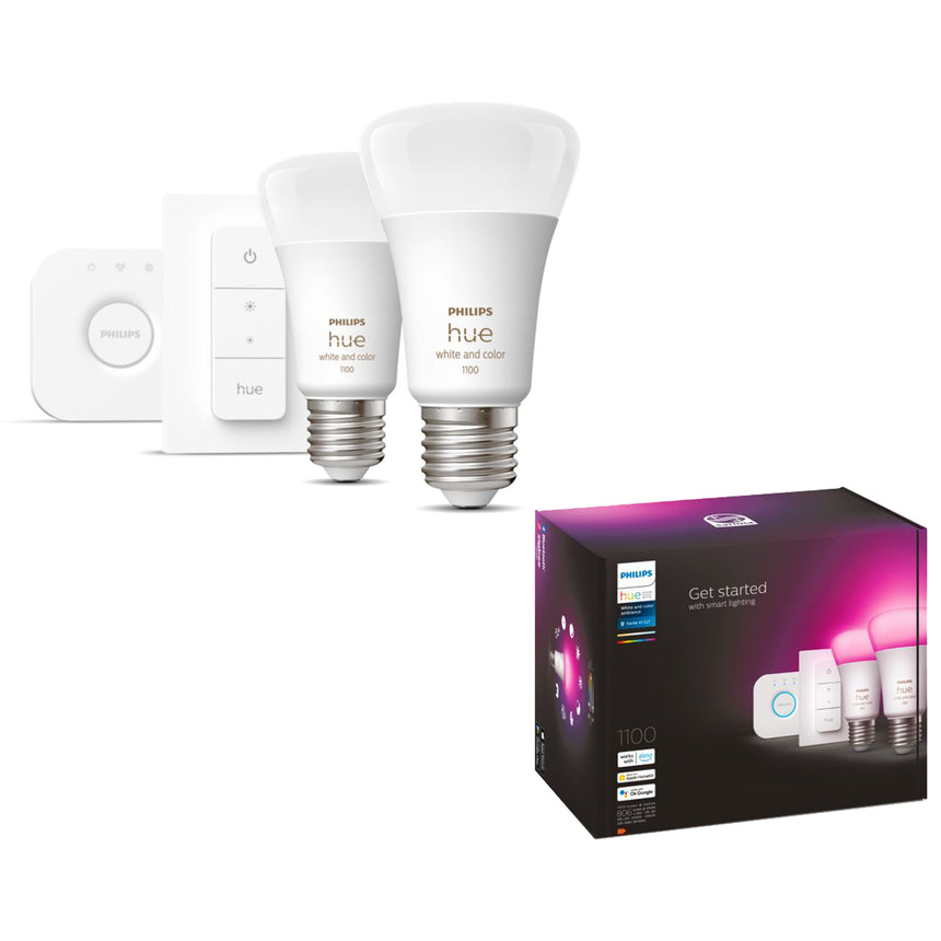 Pachet kit baza 2 becuri LED RGB Philips Hue, Bluetooth, Zigbee, A60, E27, 9W (75W), 806 lm, lumina alba si colorata + Consola Hue Bridge + Intrerupator, clasa energetica F