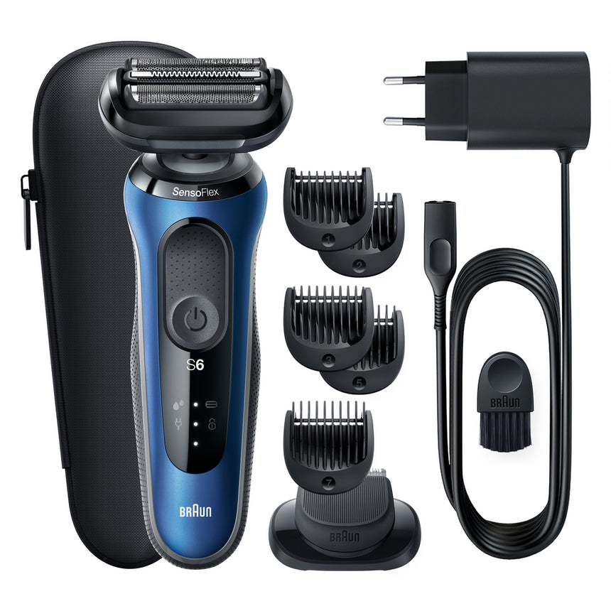 Aparat de ras electric Braun Series 6 61-B1500s Wet&Dry, AutoSense ,4 elemente de taiere, SensoFlex, accessorii pentru ingrijirea barbii,Trusa de voiaj, Albastru