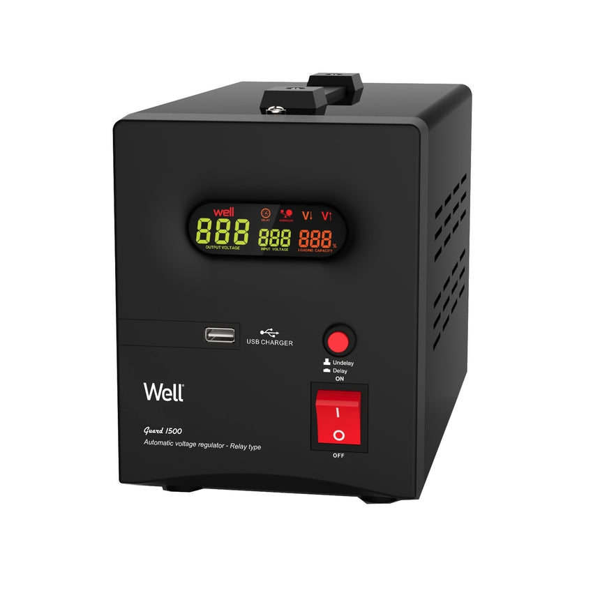 Stabilizator automat de tensiune cu releu Well Guard, 1500VA/900W, Monofazic, Tip conector: 2xSchuko, Protectie: supraincalzire, suprasarcina, scurtcircuit