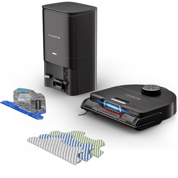Aspirator robot Rowenta X-Plorer Serie 240+ RR9695WH, aspirator si mop, autonomie 120 min, recipient praf 0.35L, statie de incarcare si golire praf, mop Smart Aqua Power, negru