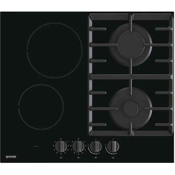 Plita incorporabila Gorenje GCE691BSC, Mixta, 2 zone de gatit, 2 arzatoare gaz, Control butoane, Gratar fonta, Indicator caldura reziduala, 60 cm, Negru