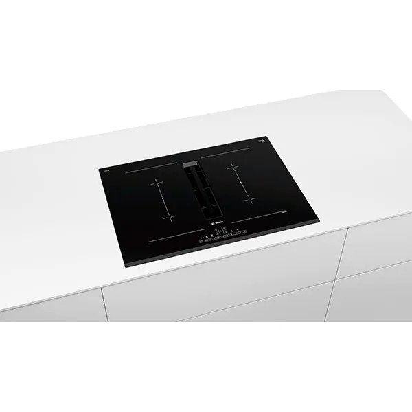 Plita incorporabila Bosch PVQ731F15E, Inductie, 4 zone de gatit, Mod hota integrat, Timer, QuickStart, Detectare vase, 70cm, Negru