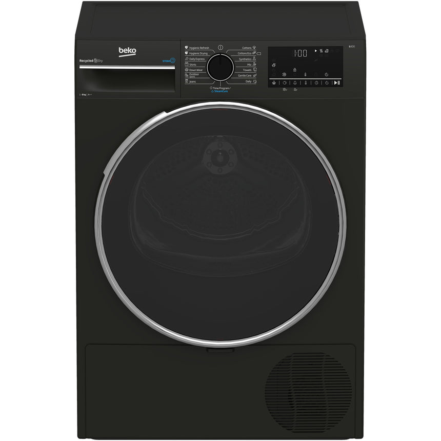 Uscator de rufe Beko B3T68239MG, 8 kg, 16 programe, Clasa E, Pompa de caldura EcoGentle™, Steamcure, RecycledDry, Outdoor/Sports, Gri