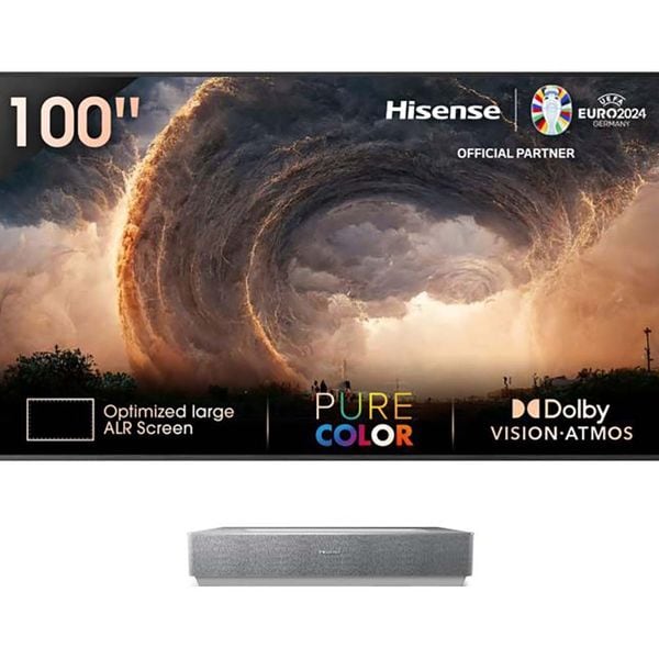 Televizor, Hisense 100" 100L5HD, 4K Ultra HD 3840x2160, TV Laser, 2500 nit, Cont. 2400:1, HDR 10, HLG, Dolby Atmos, sistem audio 2 x 15W, Smart TV, WiFi 5GHz, BT, 4xHDMI, /CIBT, / Ecran de 100 inchi inclus, negru