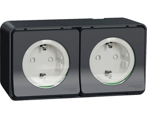 Priza tripla cu impamantare Schneider Mureva MUR86038, montaj aplicat orizontal, protectie copii, IP55, Gri