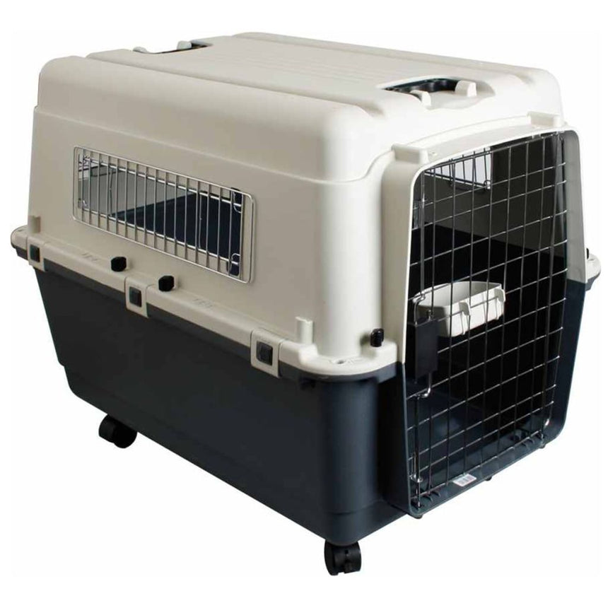 Cușcă Transport Câini Flamingo Nomad XL, 91x60x74 cm, Max. 35 kg, 4 Roți, Ușă Metalică, Gri-Alb