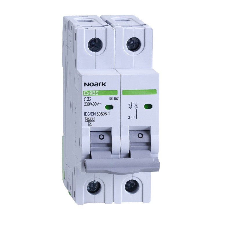 Siguranta automata modulara Noark 102157, 2P, 2 module, amperaj 32A, tensiune alimentare 400 V, clasa de protectie IP 20, curba C, Noark, Alb