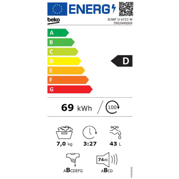 Masina de Spalat Rufe Frontala BEKO B3WFU6723W, SteamCure, 7 kg, 1200 rpm, Clasa D, Alb
