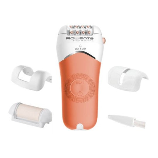 Epilator Rowenta AquaSoft EP4920F0, 4.5W, 40 min autonomie, Wet&Dry, 4 accesorii, Skin Respect technology, corai