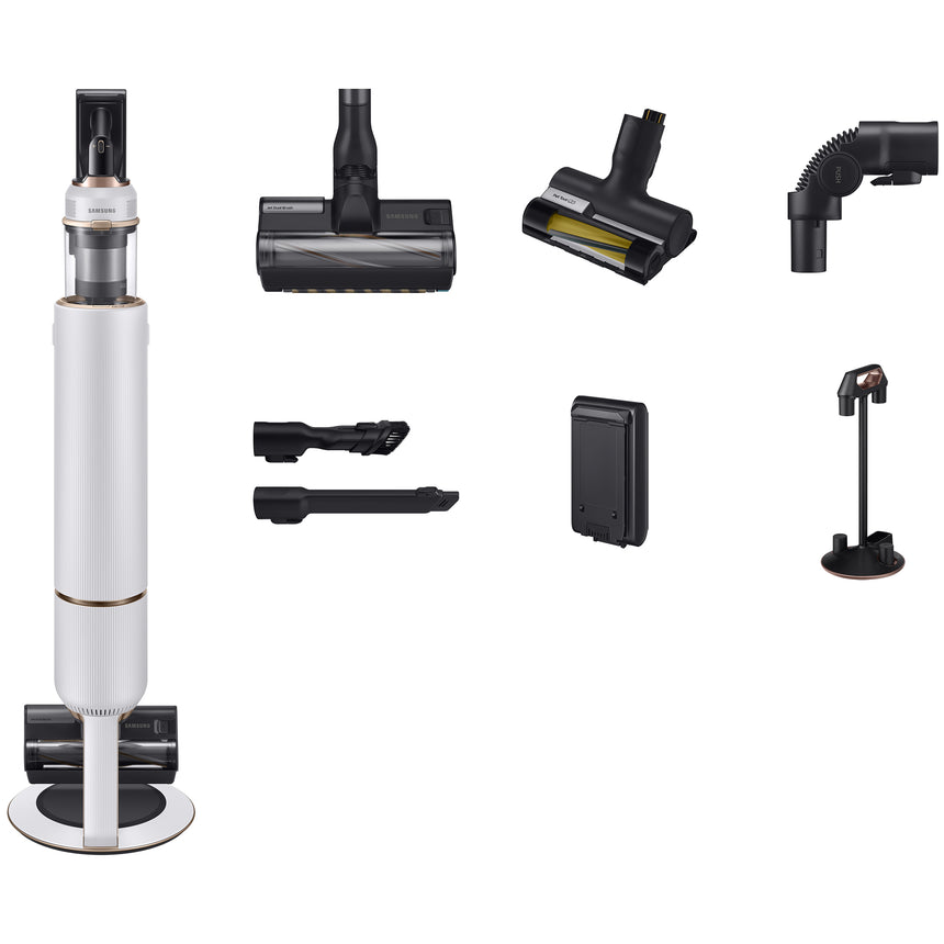 Aspirator vertical Samsung Bespoke Jet One Pet, VS20A95823W/GE, 0.5L, Statie coletare praf 2L, 25.2V, 580W, Digital Inverter, Filtrare 99.99% , Display LCD, Perie pentru covoare, Perie Pet, Autonomie 60 min, Alb
