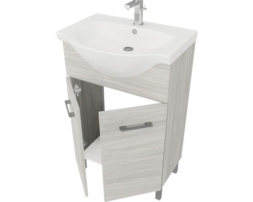 Set Mobilier Baie, Woody 55 cm, Include Baza Lavoar, Lavoar si Oglinda, Stejar Gri