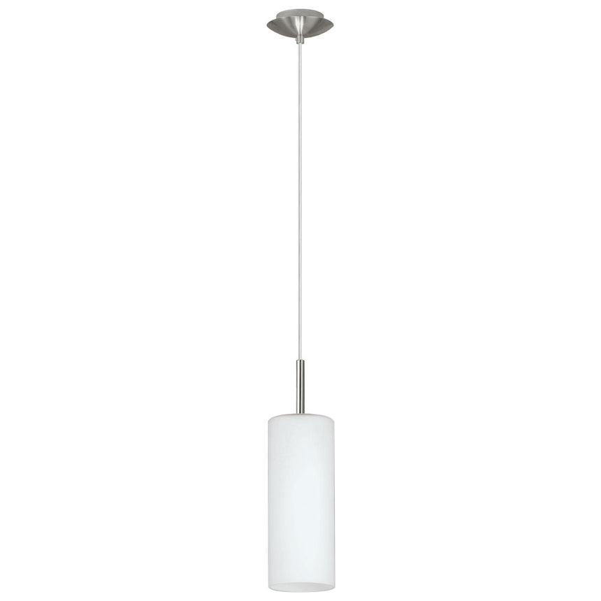 Pendul Troy 3, EGLO, E27, 1x60W, otel, nichel satinat, sticla satinata, alb, 110 x 12 x 10.5 cm, inaltime reglabila, IP20