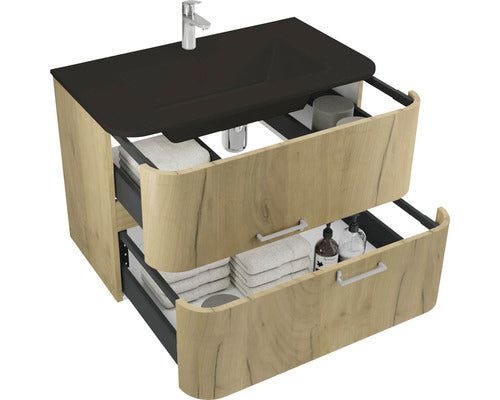 Baza mobilier Kring Idris, cu doua sertare, cu manere metalice si inchidere amortizata, infoliat stejar auriu, 80x56x46 cm