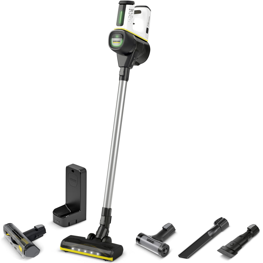 Aspirator vertical Karcher VC 7 cordless MyHome Pet, 1.198-713.0, 350 W, 2 trepte de viteza, 25,2 V, 2,5 Ah, 800 ml, autonomie 60 min (max), filtru HEPA 12, functie Boost, perie turbo mini, Alb/Negru