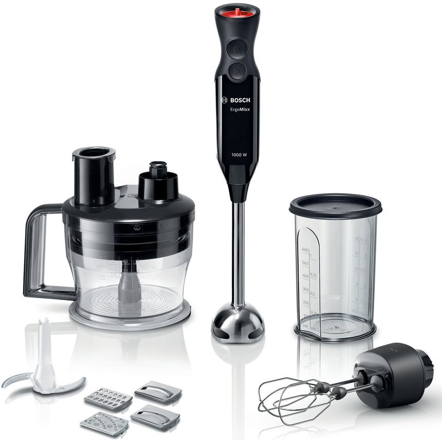 Mixer vertical Bosch ErgoMixx MS6CB6197, 1000 W, accesoriu cu 2 teluri, chopper, 12 trepte de putere si functie Turbo, 4 discurie de feliere/maruntire, Negru
