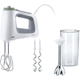 Mixer de mana Braun HM5107WH, 750 W, 9 viteze + Turbo, Pahar gradat 0.6L, Picior pasator inox, 2 palete, 2 carlige pentru aluat, Alb/Gri
