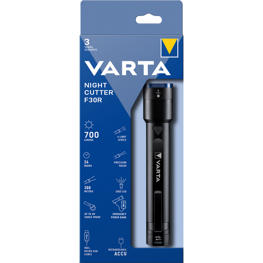 Lanterna LED reincarcabila Varta Night Cutter F30R, 700 lm, USB, Li-Ion 2600 mAh, IPX4, Aluminiu