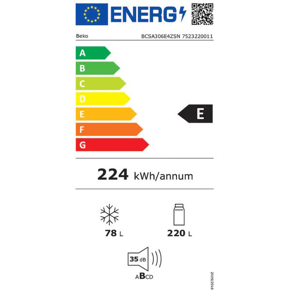 Combina frigorifica incorporabila Beko BCSA306E4ZSN, 298 l, HarvestFresh, Everfresh+, Raft sticle, Compresor ProSmart Inverter, Display touch control, Clasa E, H 194 cm, Alb