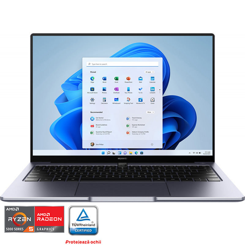 Laptop ultraportabil Huawei MateBook 14 cu procesor AMD Ryzen™ 5 5500U pana la 4.00 GHz, 14", 2K, 16GB, 512GB SSD, AMD Radeon™ Graphics, Windows 11 Home, Gray