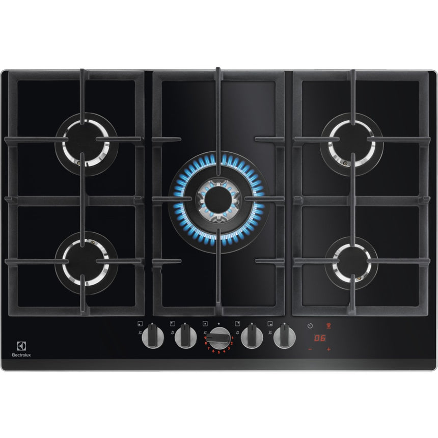 Plita incorporabila Electrolux KGG75365K, Gaz, 5 arzatoare, Arzator Wok, Conectivitate hota, Timer, Aprindere electrica, Gratare de fonta, 75 cm, Negru